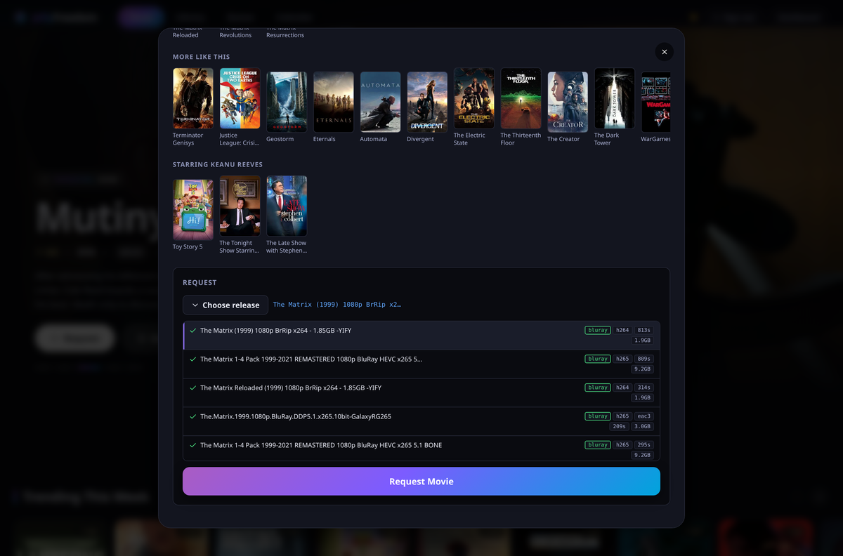 Choosing which file to play, with quality and size shown for each option
