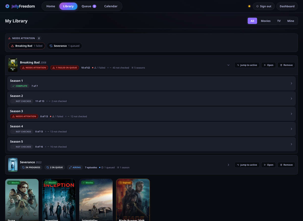 The library, showing shows expanding into seasons and episodes