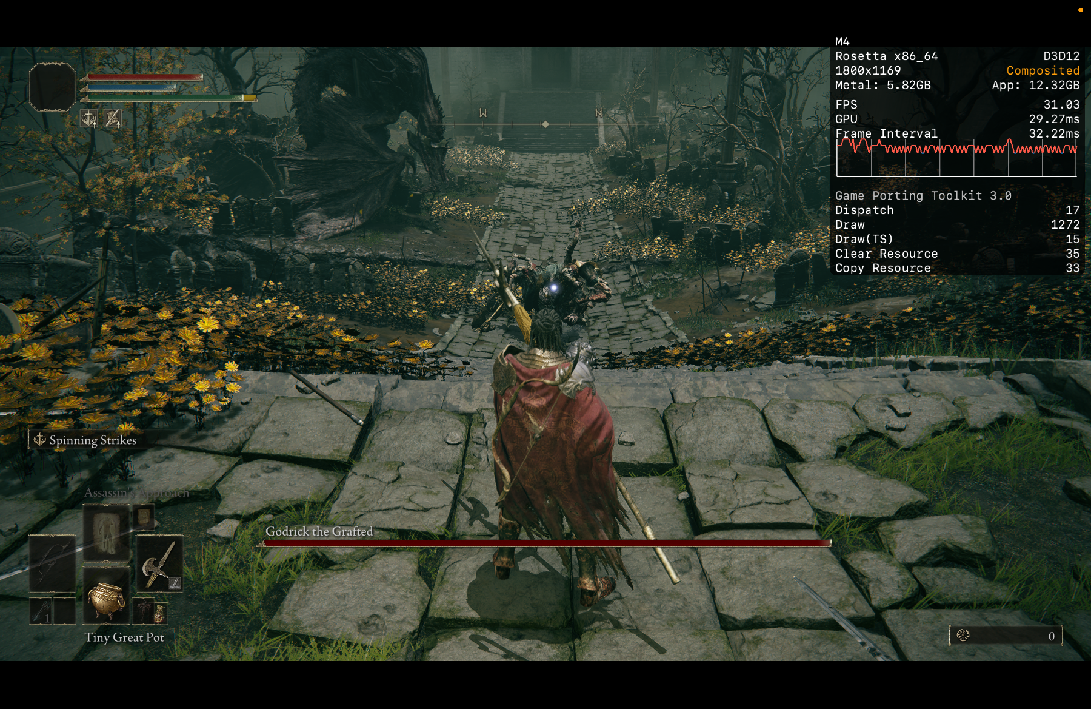 Elden Ring boss fight running through Apple Game Porting Toolkit with HUD visible