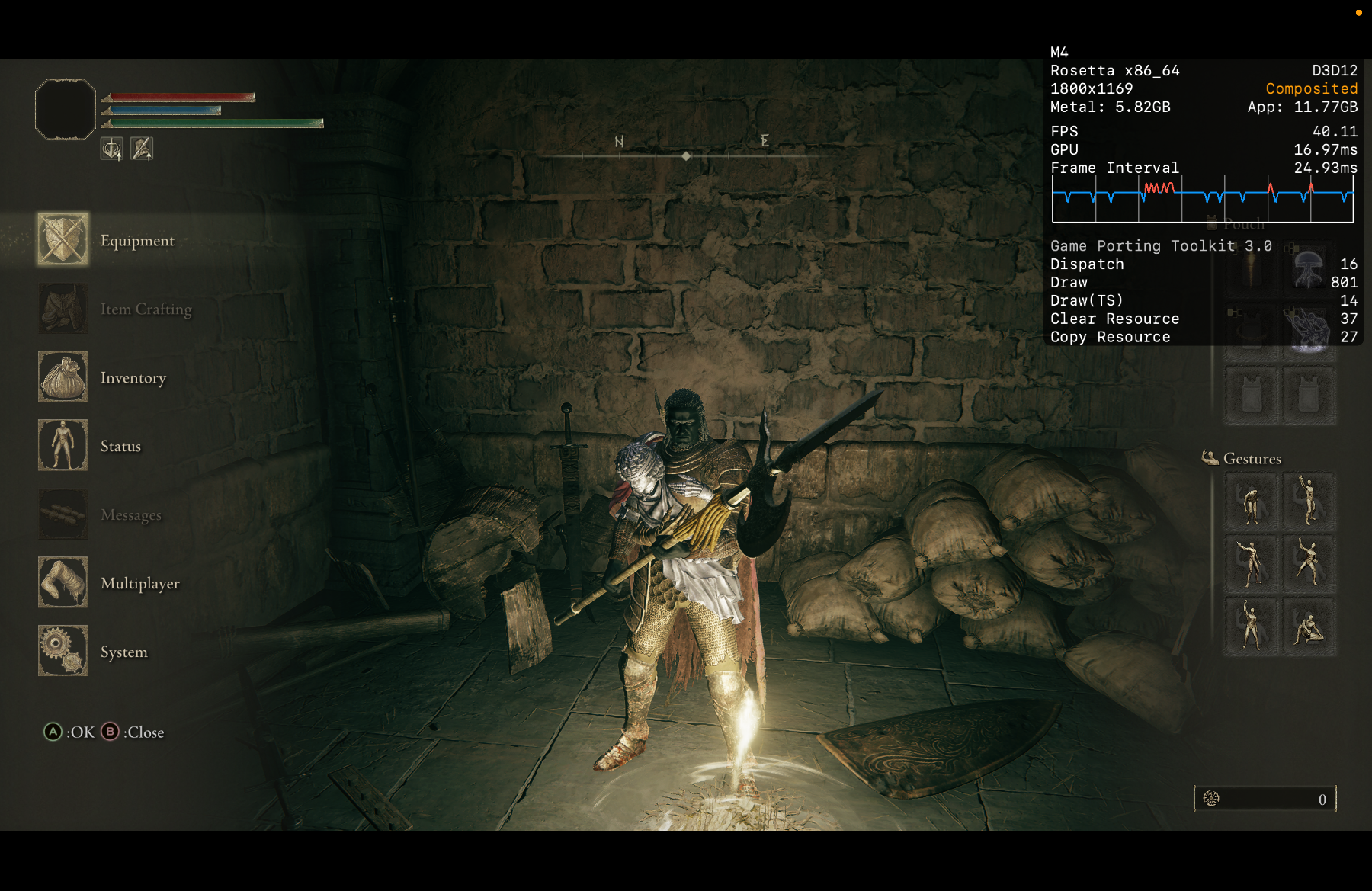 Elden Ring running through Apple Game Porting Toolkit with HUD visible