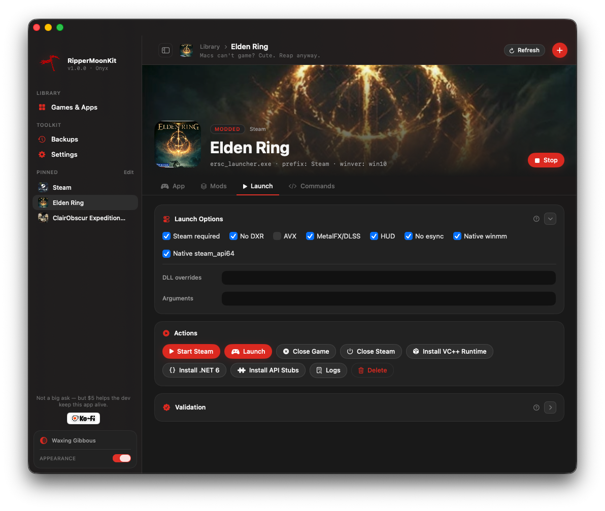 RipperMoonKit game profile view with launch, mod, path, and command settings