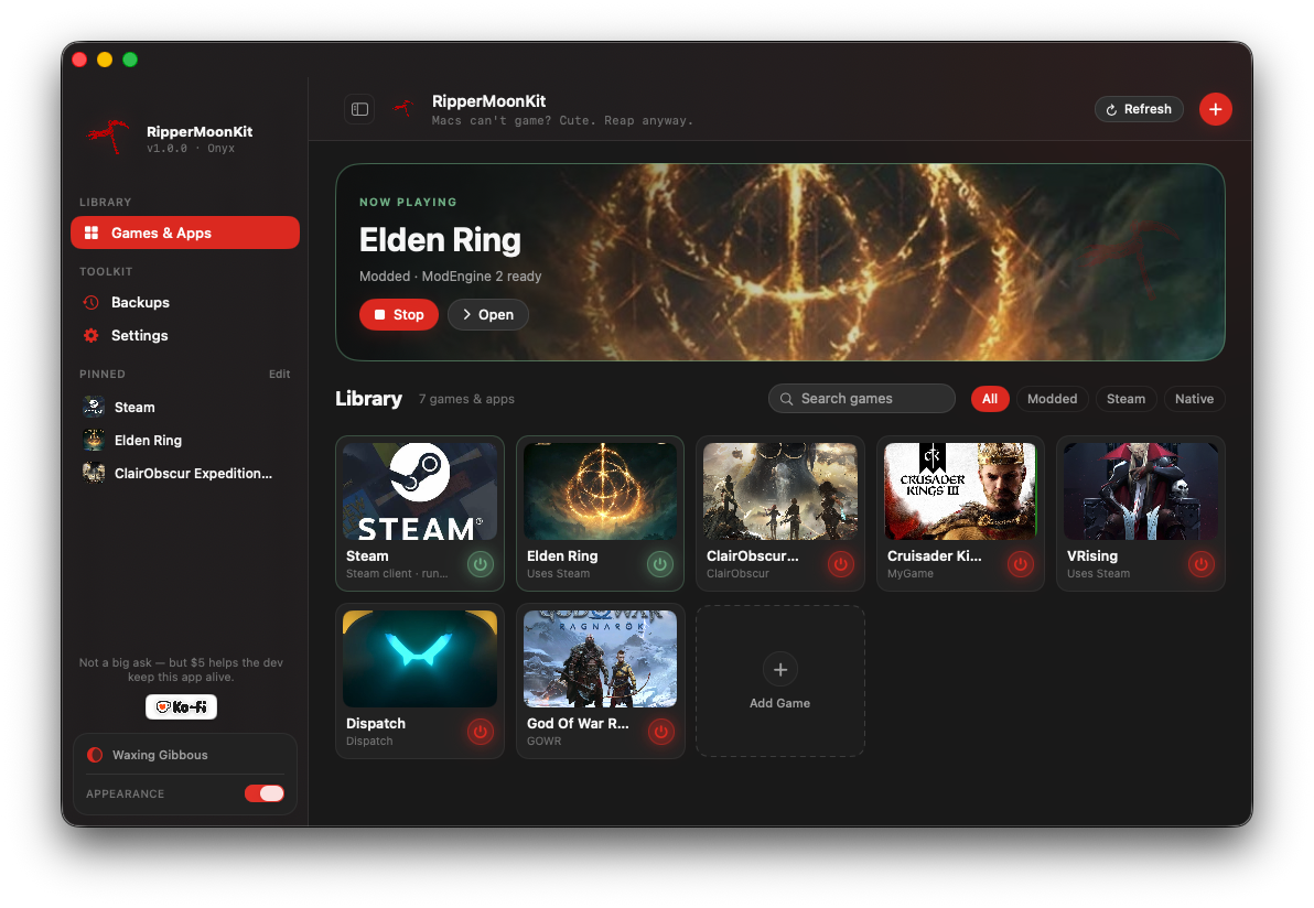 RipperMoonKit macOS launcher showing a Windows game library, Steam support, and game profiles